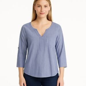 Eden and Olivia Womens L Blue Stripe Split Neck 34 Sleeve Blouse Top